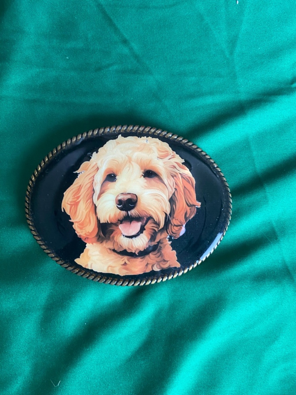 Oval Dog Portrait Belt Buckle — Black with Cream Dog golden doodle fits 1.5 in b
